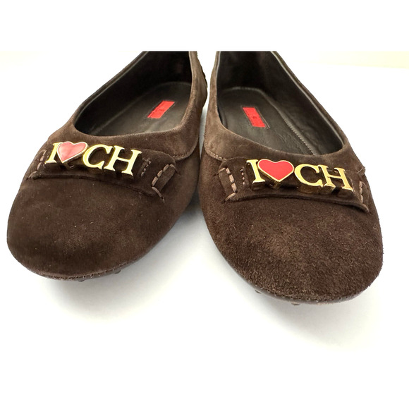 Carolina Herrera 40 Driving Ballet Flats Brown Suede Leather I Love CH Brass - Picture 5 of 13